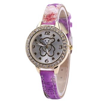 Bluelans Women's Bear Love Heart Fine Faux Leather Flower Band Wrist Watch Purple (Intl)  