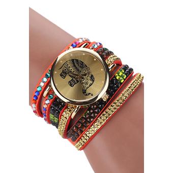 Bluelans Women's Elephant Rhinestones Rivets Wrap Bracelet Wrist Watch Orange  
