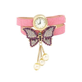Bluelans Women's Faux Pearls Rhinestone Butterfly Quartz Analog Watch Light Pink  