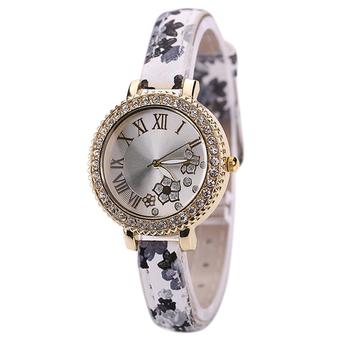 Bluelans Women's Flower Roman Number Faux Leather Rhinestone Quartz Wrist Watch White (Intl)  
