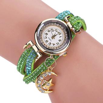 Bluelans Women's Moon Star Rhinestone Faux Leather Wrap Bracelet Watch Green (Intl)  
