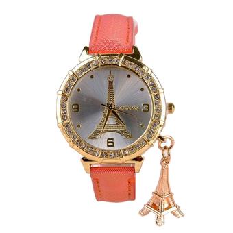 Bluelans Women's Orange Leather Strap Eiffel Tower Decor Rhinestone Quartz Wrist Watch  
