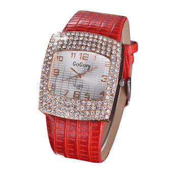 Bluelans Women's Square Rhinestones Faux Leather Band Analog Watch (Red)  