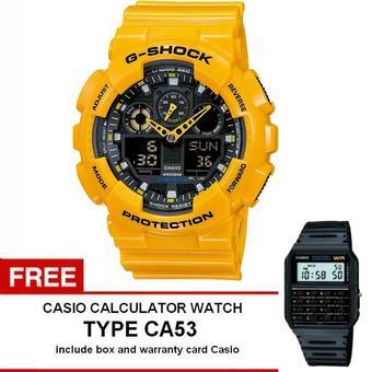 Casio G-shock GA-100A-9A - Jam Tangan Pria - Kuning - Resin + Free Casio Calculator Watch CA53  