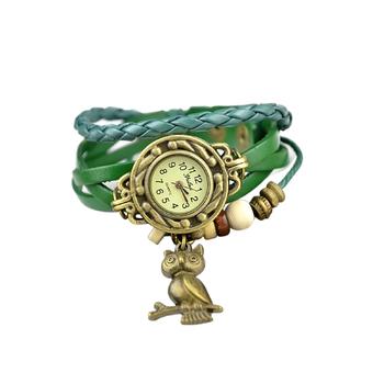 Elegant Ladies Bronze Owl Boho Chic Vintage Hand Made Weave Wrap Bracelet Watch Green (Intl)  