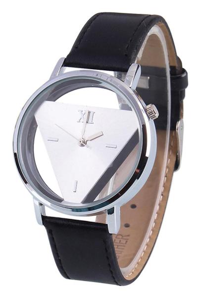 Exclusive Imports Hollow Triangle Black Strap Silver Dial Faux Leather Quartz Watch