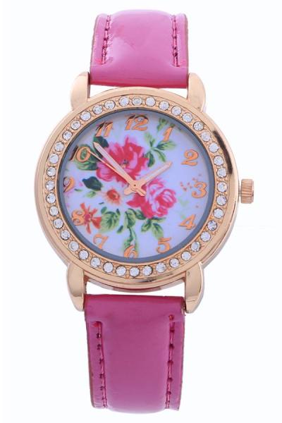 Exclusive Imports Rose Golden Rhinestone Faux Leather Quartz Watch - Rose-Red