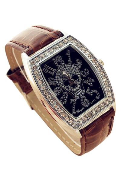 Exclusive Imports Skeleton Pattern Rhinestone Leather Wrist Watch Coffee
