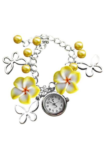 Exclusive Imports Women's Charm Flowers Beads Leather Band Watch Yellow