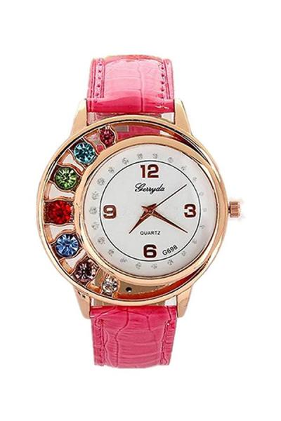 Exclusive Imports Women's Rhinestone Faux Leather Quartz Wrist Watch Rose-Red