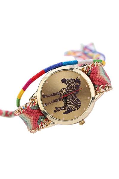 Exclusive Imports Women's Zebra Knitted DIY Weave Rope Quartz Watch Red