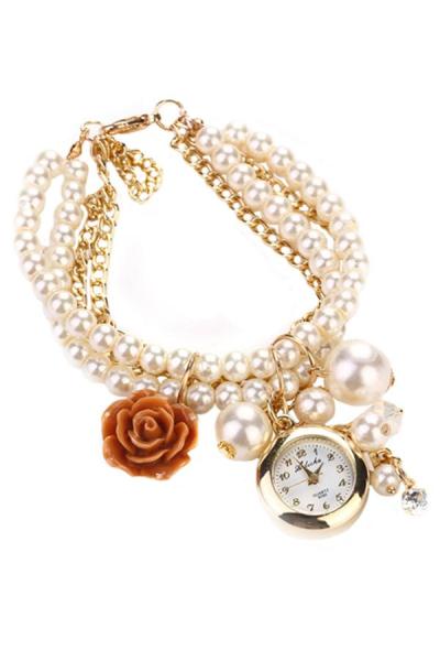 Exclusive Imports Womens Rose Flower Faux Pearl Analog Quartz Watch Coffee