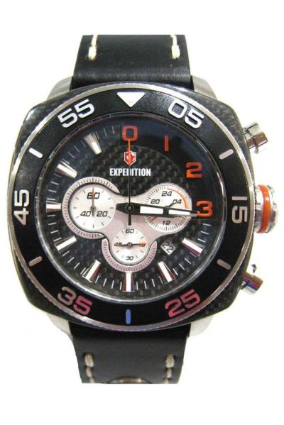Expedition EX 6642 - Jam Tangan Pria - Leather - Strap Hitam -   Silver-Oranye