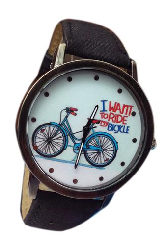 Fancyqube Bicycle Pattern Unisex Black Leather Strap Watch  