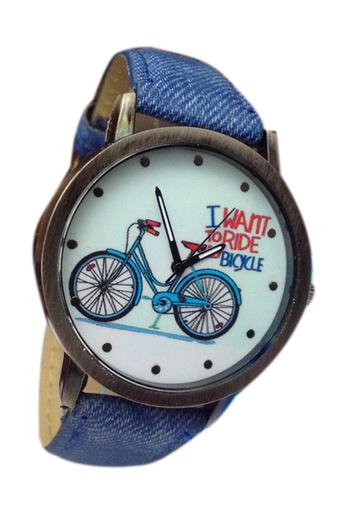 Fancyqube Bicycle Pattern Unisex Blue Leather Strap Watch  