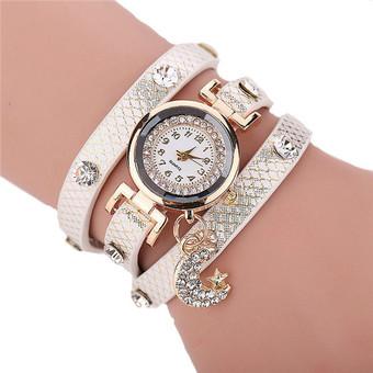 Fashion Crystal Leather Band Rhinestone Moon Pendant Bracelets Watch LC432White  