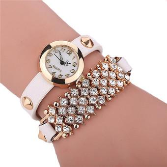 Fashion Double Chain Rhinestone Rivet Leather Band Bracelets Watch LC441White  