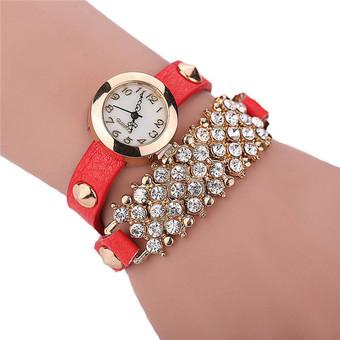 Fashion Double Chain Rhinestone Rivet Leather Band Bracelets Watch LC436Red  