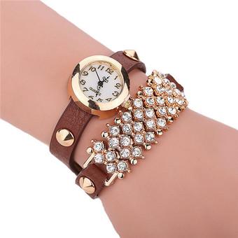 Fashion Double Chain Rhinestone Rivet Leather Band Bracelets Watch LC438Brown  