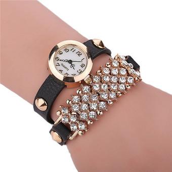 Fashion Double Chain Rhinestone Rivet Leather Band Bracelets Watch LC439Black  