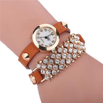 Fashion Double Chain Rhinestone Rivet Leather Band Bracelets Watch LC437Brown  