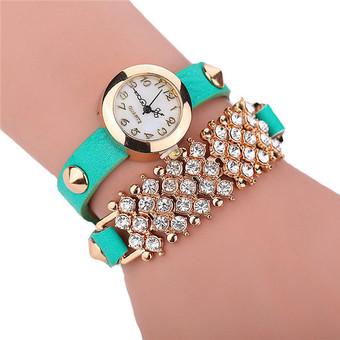 Fashion Double Chain Rhinestone Rivet Leather Band Bracelets Watch LC440Green  