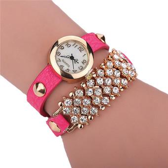 Fashion Double Chain Rhinestone Rivet Leather Band Bracelets Watch LC442Pink  