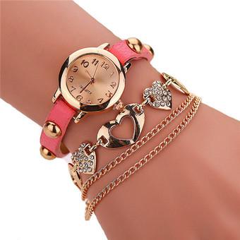 Fashion Rhinestone Heart Rivet Leather Band Bracelets Watch LC318 Pink  