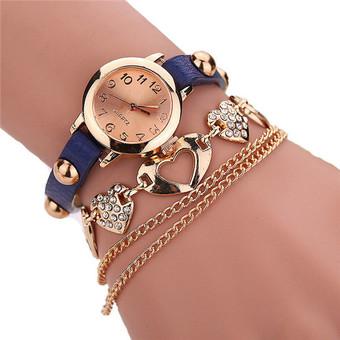 Fashion Rhinestone Heart Rivet Leather Band Wrap Bracelets Watch LC320 Blue  