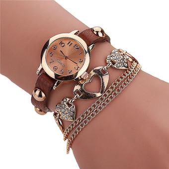 Fashion Rhinestone Heart Rivet Leather Band Wrap Bracelets Watch LC322 Brown  