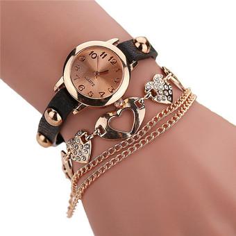 Fashion Rhinestone Heart Rivet Leather Band Wrap Bracelets Watch LC319 Black  