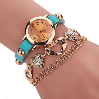 Fashion Rhinestone Heart Rivet Leather Wrap Band Bracelets Watch LC317 Blue  