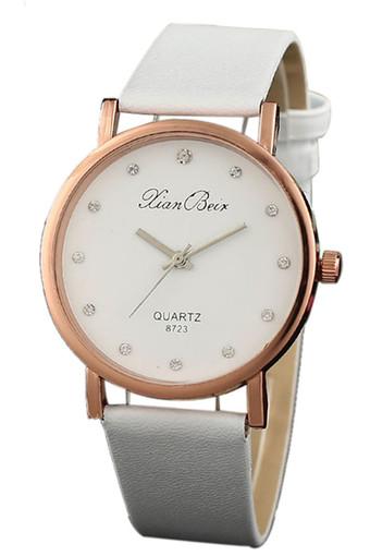 Fashion Style Women's Diamond Case Leatheroid Band Round Dial Quartz Wrist Watch White Jam Tangan  