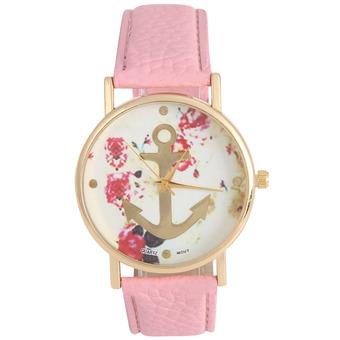 Fashion Women Leather Strap Floral Printed Anchor Quartz Wristwatch Pink (Intl)  