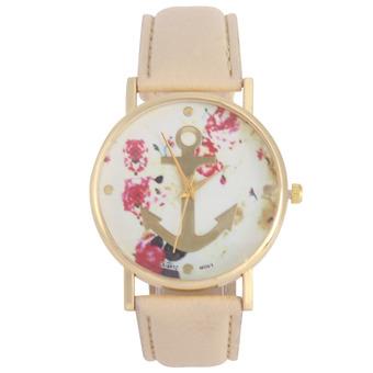 Fashion Women Leather Strap Floral Printed Anchor Quartz Wristwatch Beige (Intl)  