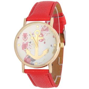Fashion Women Leather Strap Floral Printed Anchor Quartz Wristwatch Red (Intl)  