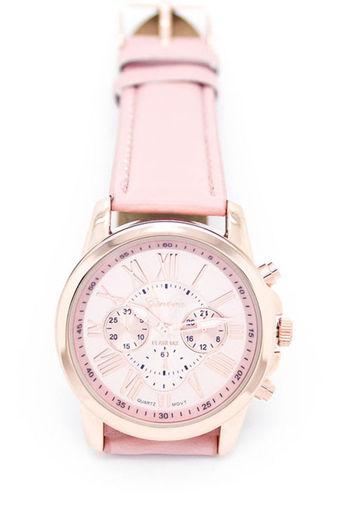 Faux Women's Pink Leather Strap Watch Roman Numerals Jam Tangan  