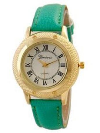 Geneva Gold Ring Romawi Green Strip Glamour - Jam Tangan Wanita - Kulit - Multicolor