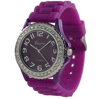 Geneva Platinum CZ Accented Silicon Link Watch, Large Face Pink (Purple)  