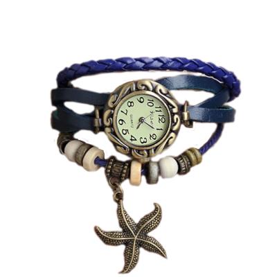 HET Retro Woven Leather Starfish Pendant Watch(blue)