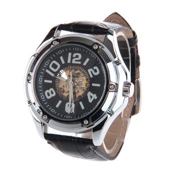 HY-011 Trendy Men's PU Leather Strap Arabic Numerals Dial Auto Mechanical Watch - Black + Silver (Intl)  
