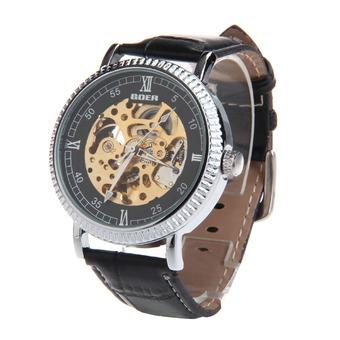 HY-012 Trendy Men's PU Leather Strap Zinc Alloy Case Auto Mechanical Wrist Watch - Black + Golden (Intl)  