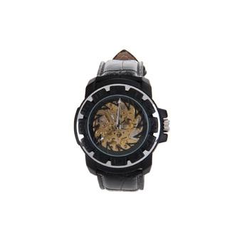 HY-014 Trendy Gear Design Men's PU Leather Strap Zinc Alloy Auto Mechanical Watch(Black + Golden)  