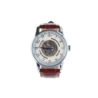 HY-016 Men's PU Leather Strap Arabic Numerals Dial Zinc Alloy Auto Mechanical Watch(Brown + Silver)  