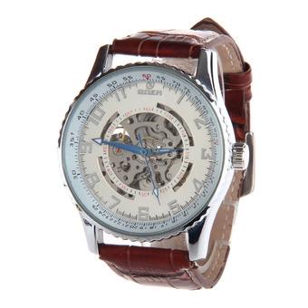 HY-016 Men's PU Leather Strap Arabic Numerals Dial Zinc Alloy Auto Mechanical Watch - Brown + Silver (Intl)  