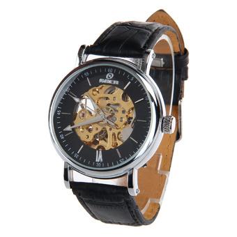 HY-018 Trendy Men's PU Leather Strap Zinc Alloy Auto Mechanical Wrist Watch - Black + Silver (Intl)  