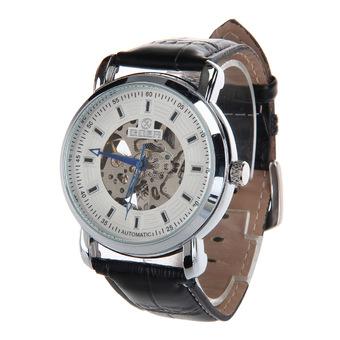 HY-019 Trendy Men's PU Leather Strap Zinc Alloy Auto Mechanical Wrist Watch - Black + Silver (Intl)  