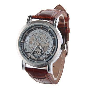 HY-05 Trendy Men's PU Leather Strap Zinc Alloy Case Auto Mechanical Watch - Brown + Silver (Intl)  