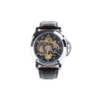 HY-09 Trendy Men's Leather Strap Arabic Numerals Dial Zinc Alloy Auto Mechanical Watch (Black + Silver)  