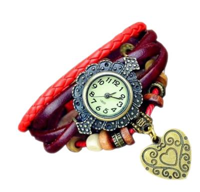 Het Retro leather bracelet watch wound double heart pendant - Merah